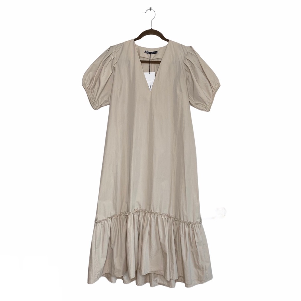 Zara Poplin Sand Stone Puff Sleeve Dress